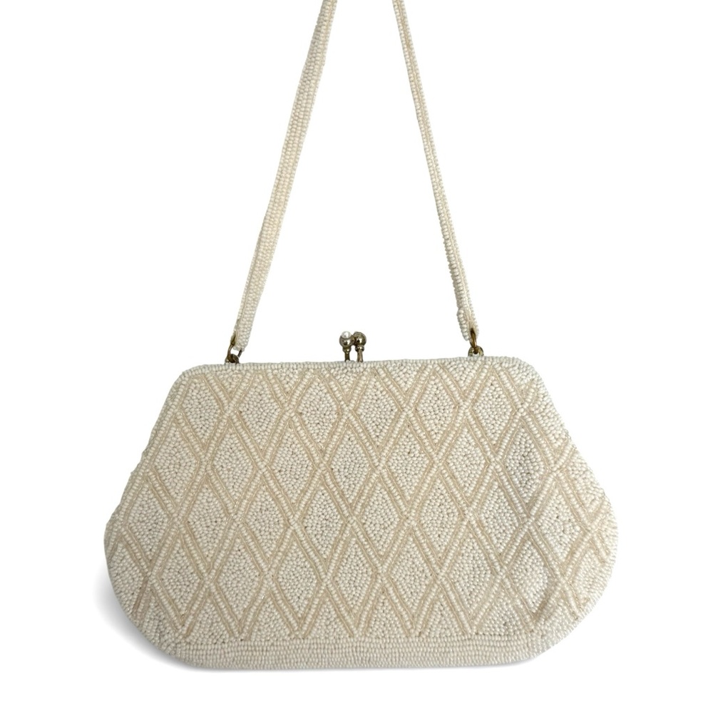 Vintage Ivory Beaded Evening Bag Diamond Pattern Metal Clasp